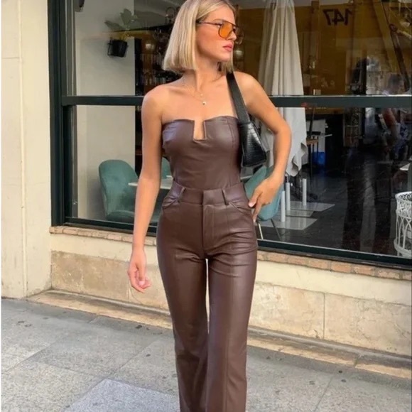 🍫 Chocolate Brown Faux Leather Strapless Bodysuit 🍫 - Picture 1 of 6